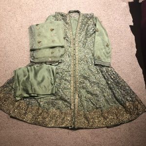 Pakistani Indian Wear Sage Green Anarkali Dress with Gold Embroidery